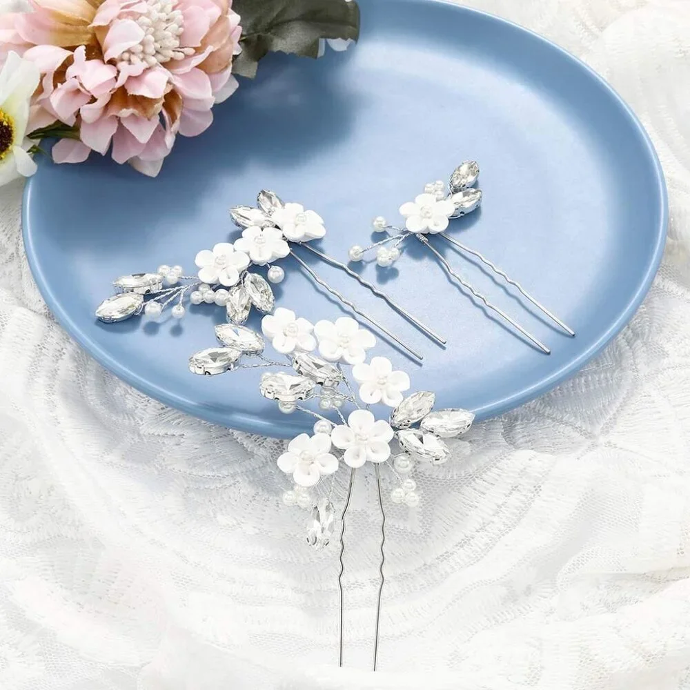 Flower Bride Wedding Hair Pins Silver Crystal Bridal Hair Pieces Pearl Hair Acce